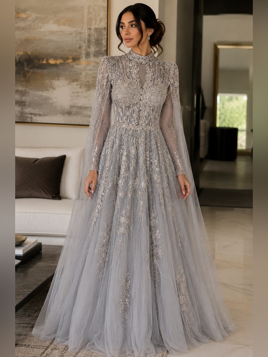 Azzure Dresses & Skirts - Azzure Couture Silver Embellished  Gown- Size 8-Beaded Tulle Evening Dress